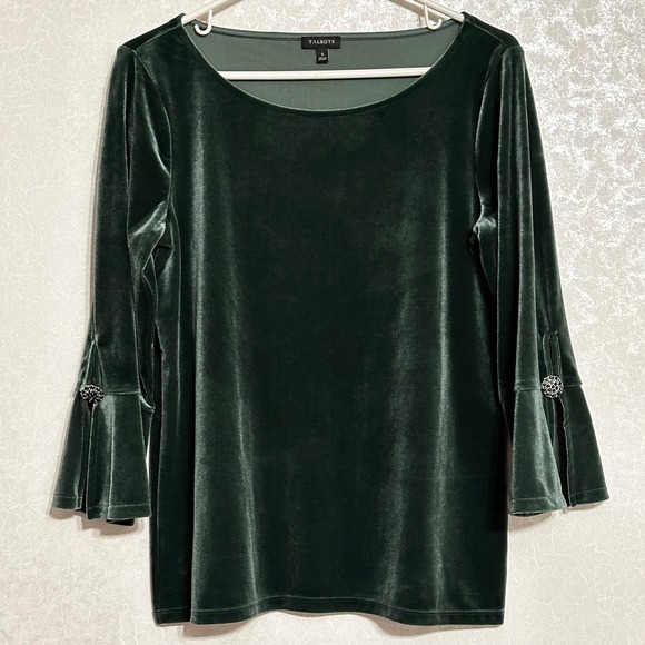 Talbots Tops - Talbots Forest Green Velour Velvet 3/4 Bell Sleeve Rhinestone Button Top Sz S